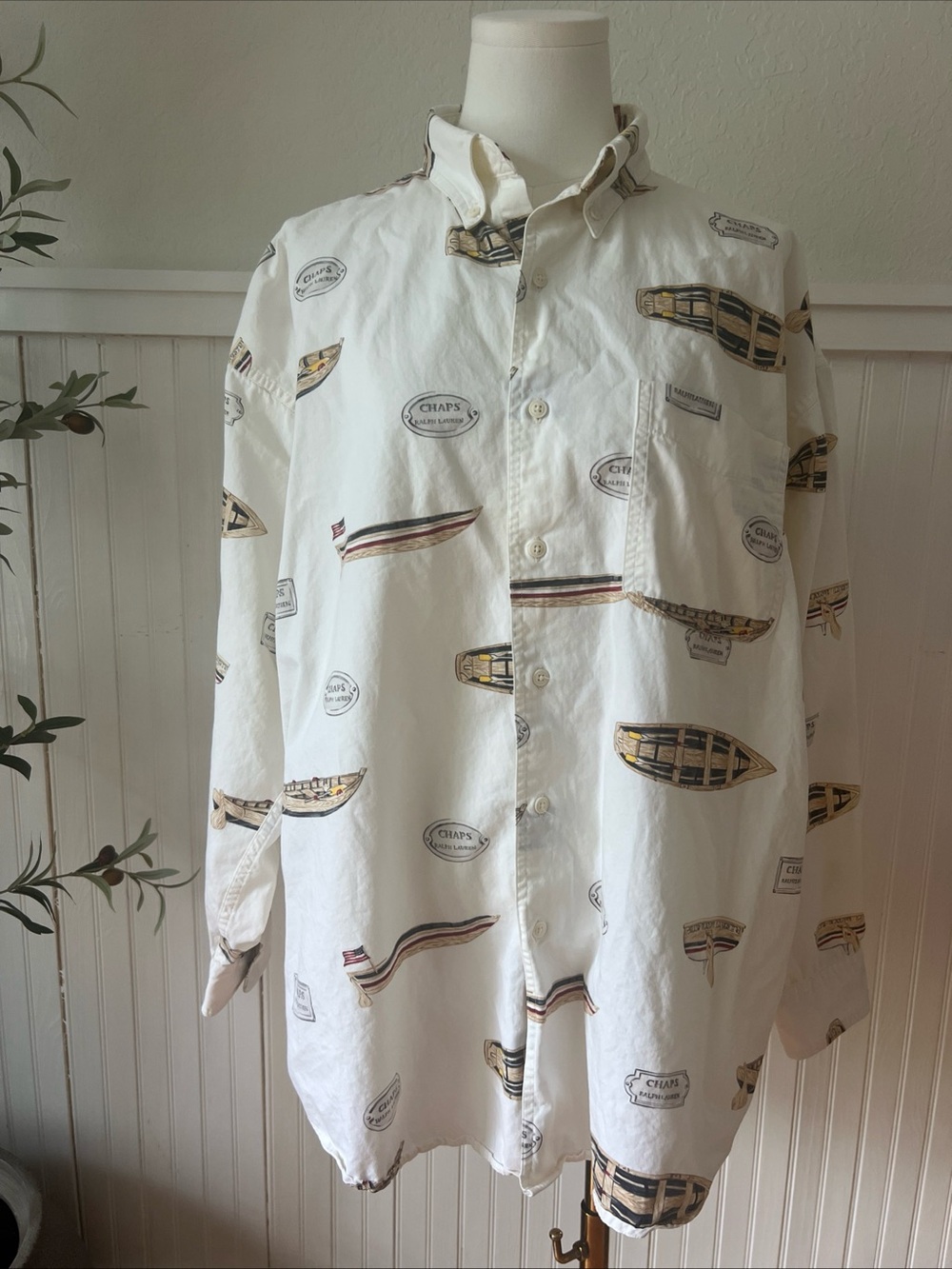 Vintage 90s Chaps Ralph Lauren Canoe Print Button Up Shirt L Boat Coastal Preppy